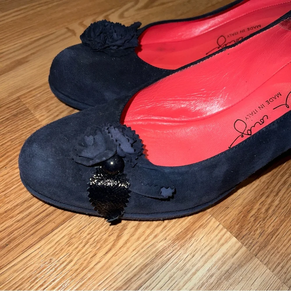 Pas‎ de Rouge Blue Suede 2.5” wedge Heels with rosette bows